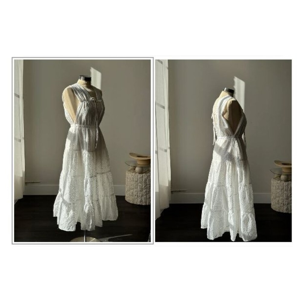 New White Cotton Eyelet Babydoll Maxi Dress Deep V Neck Underskirt Coottage M L